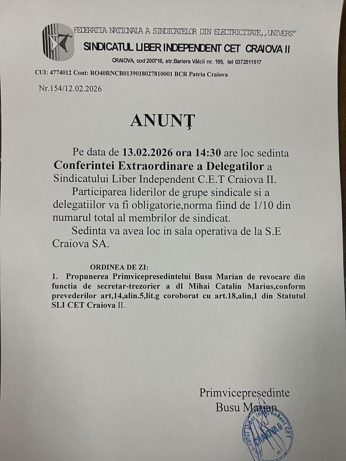 Angajat de la Termocentrale Craiova, revocat din funcție după ce a dezvăluit condițiile în care lucrează colegii săi într-un interviu pentru agenția de presă Agerpres